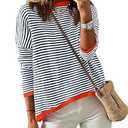 ZESICA Women's Fall Striped Sweaters Long Sleeve Crew Neck Shirts Color Block Lightweight Pullover Tops Dark Blue Small