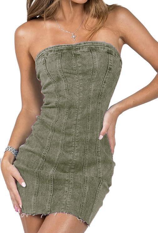 Sexy Denim Strapless Dresses for Women Y2K Jeans Corset Backless Tube Bodycon Mini Dress Clubwear (Small, A-army Green)
