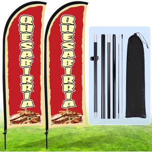 Buryeah 2 Sets Quesabirria Feather Flag Pole Kit Banner for Mexican Restaurant Food Business Advertising 7ft Quesabirria Swooper Flag Sign with Flagpole Ground Stake Portable Bag for Outdoor Outside