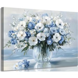 1Pcs Vintage Flowers Canvas Wall Art Blue Beach Pictures Blossom Bathroom Wall Decor Modern Blue Ocean Background Artwork Prints Hanging in Office Dining Room Kitchen Bedroom16X24in Frame (Blue Art, 16x24in, Framed)