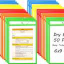 50 Pack 6x9 Inch Shop Ticket Holders - 5 Assorted Colors Dry Erase Pocket Sleeves with 5 Rings for Industrial Shop Ticket & Office