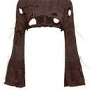 BEAUDRM Women's Crochet Bolero Shrug Bell Sleeve Sweater Whimsical Clothes | Bow, Pullover Top, Distressed Crop Top, Grunge Clothes, Goth Clothes, Concert Outfits (Brown) XS