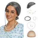 Old Lady Wig Costume for Women, 100 Days Gray Grandma Wg for Women, Granny Costume for Halloween Cosplay (7 Pieces)