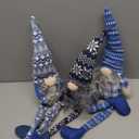 unanscre Blue Christmas Gnomes Plush Decoration - 3PCS Handmade Xmas Long Dangle Leg Winter Gnomes Hold Snowflake Candy Cane Gift Box Swedish Santa Elf Dolls for Home Table Ornament, Tiered Tray Decor