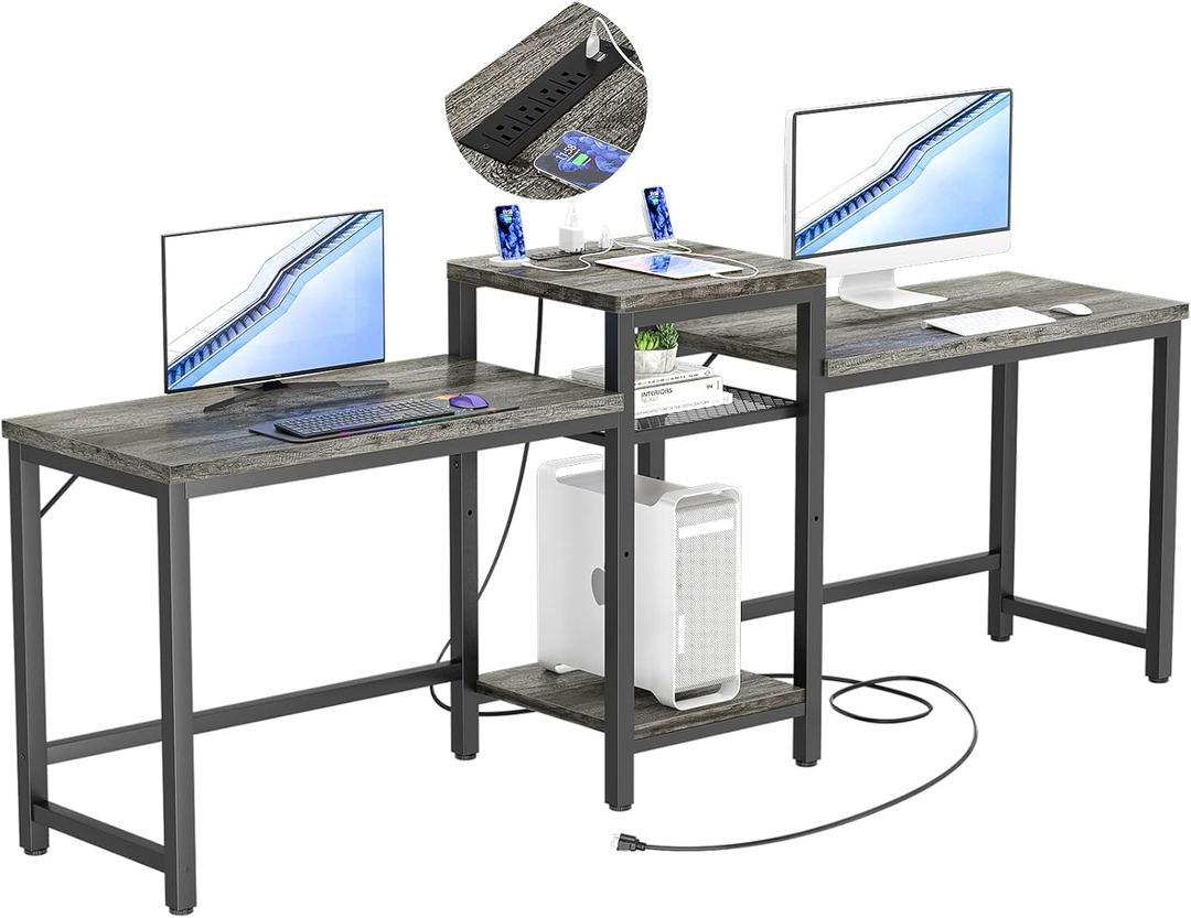 Unikito 2 Person Desk, Double Computer Desk with Power Outlets and Storage Shelves, Modern Computer Desk with Printer Stand, Extra Long Large Workstation for Home Office, Couple Gaming Desk, Black Oak, 93.8''