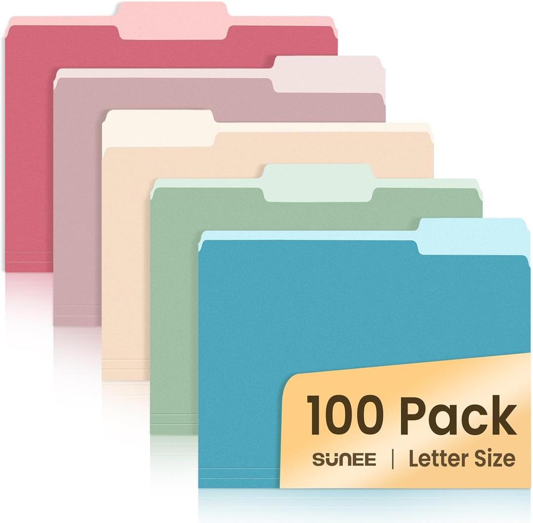 SUNEE File Folders Letter Size Retro Colors, 100 Pack Folders for Documents 1/3-Cut Tabs, Colored File Folders Office Home School for Documents Files Paper
