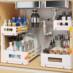 L-Shaped Metal Under Sink Organizer, 2-Tier Double Pull-Out Cabinet Organizer for Kitchen & Bathroom Storage, Height Adjustable, Smooth Cylinder Rail, White, 2 Packs (2 Pack-15.7"Dx11.4"-16.34"H)