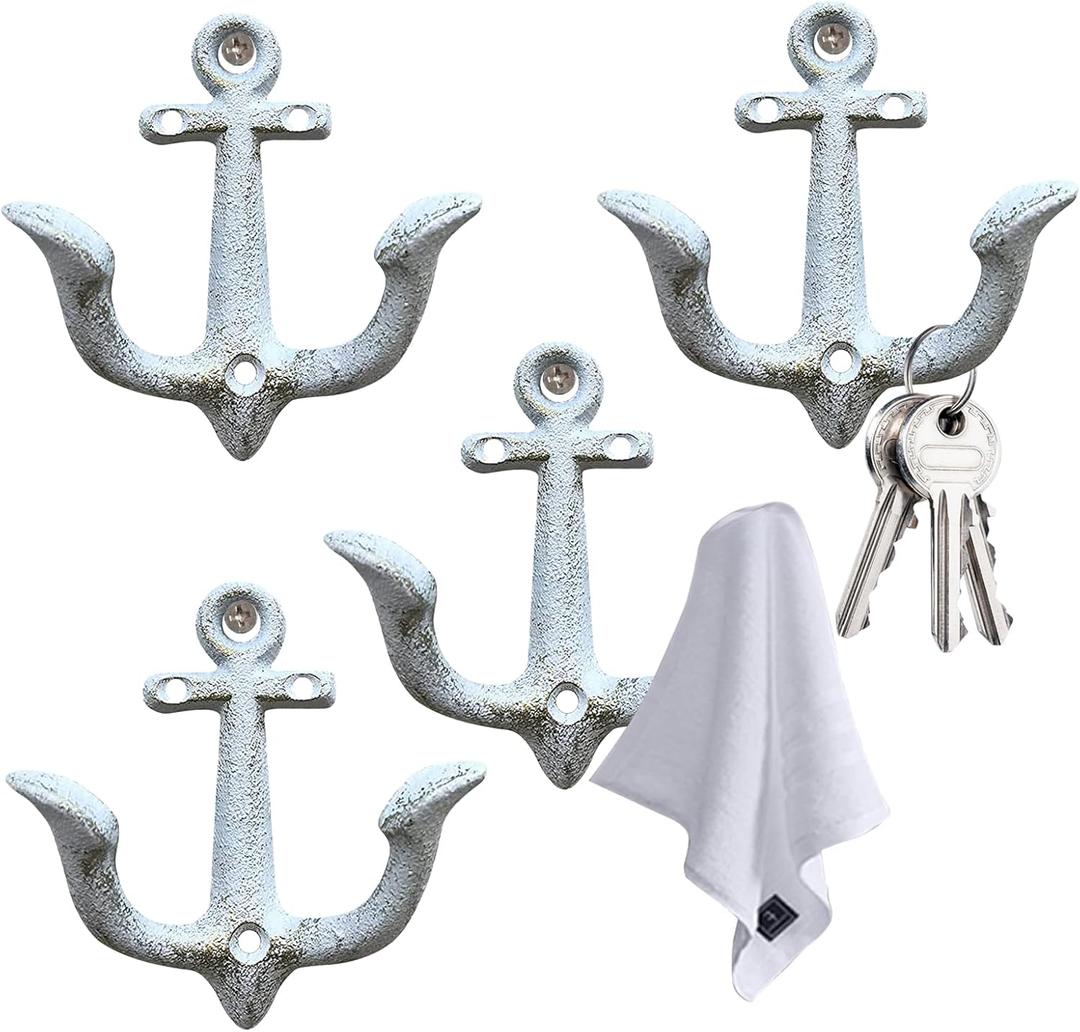 Notakia Decorative Wall Mounted Antique Shabby Chic Metal Home Bathroom Towel Coat Hooks Hanger, Vintage Rustic Cast Iron Wall Hooks (White 4Pcs)