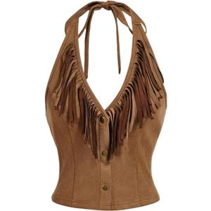 MakeMeChic Women's Suede Fringe Halter Crop Tops Tie Backless Button Down Western Cowgirl Top (Medium, Khaki)
