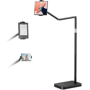 Tablet Floor Stand with 10.6 LB Heavy Metal Base, Adjustable Height Stretchable Arm Overhead Bed Phone Stand, Compatible with iPad mini Air Pro, Kindle, Switch, Galaxy Tab, Cell Phones