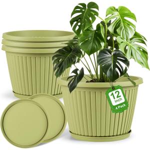 12-inch-Planters-for-Outdoor-Plant，Plastic Indoor Flower Pots with Drainage Holes & Saucer，4 Packs Decorative Garden Pots for Plantfor Home Porch Decor