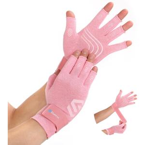 Duerer Arthritis Compression Gloves with Straps, Women Men for RSI, Carpal Tunnel, Rheumatoid, Tendonitis, Hand Pain, Hand Support. Fingerless Gloves for Computer Typing and Daily work (Pink, S) (Small (1 Pair))