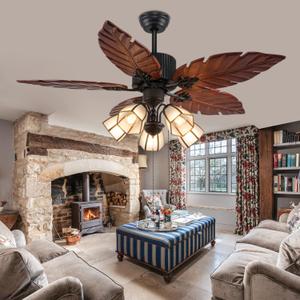 52'' Tropical Ceiling Fan with Remote Palm Wooden Leaf Ceiling Fan with 5 Glass Lampshade and Hand-Carved Reversible Blades for Indoor/Outdoor Living Room Bedroom Kitchen by Arkonfire