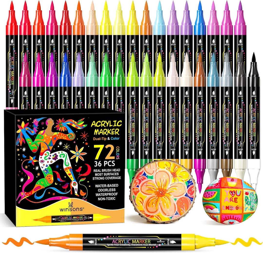 2 x WINSONS 72 Colors Dual Tip Acrylic Paint Pens Markers, 36 Set Permanent Acrylic Paint Pens, Waterproof, Quick-Dry, Ideal for Rock Painting, Canvas, Glass, Wood, Ceramic, DIY Crafts & Art Supplies