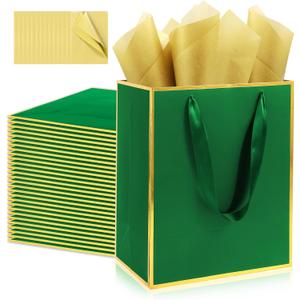 Addblu 28 Pack Bulk Luxury Gift Bags with Handles, Medium Size 9x7x3.15 Inches - Includes 28 Tissue Papers for Wedding, Birthday, Baby Shower, Easter, Mother's Day & Party Favors (Green with Gold Foil Trim)