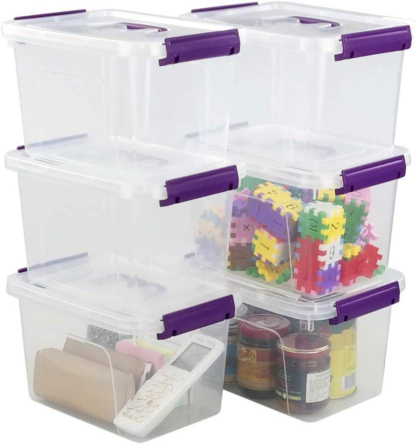 Farmoon 6 Quart Clear Storage Bin, Small Plastic Stackable Box/Cotainer with Lid and Purple Handle, 6 Packs