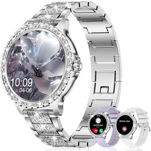 Smart Watch for Women with Diamonds (Answer/Make Call),1.32''Full Screen Smart Watch for Android /iOS,Fitness Tracker with Heart Rate/Blood Oxygen/Sleep Monitor/AI Voice Watches for Women,3 Straps (Silver)