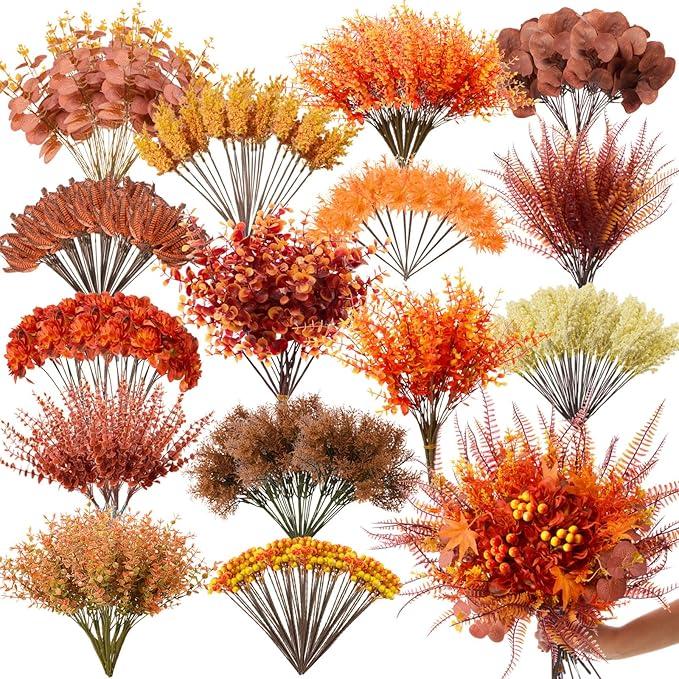 250 Pcs Artificial Fall Greenery Stems Bulk Thanksgiving Eucalyptus Leaves Silver Dollar Foliage Floral Picks and Sprays Fake Faux UV Resistant for DIY Bouquet Vase Arrangement Table Decor
