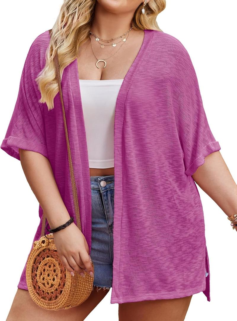 IN'VOLAND Plus Size Purple e Summer Cardigan for Women Dressy Open Front Short Sleeve Lightweight Beach Cover Ups Casual Loose Fit, Size: 24W