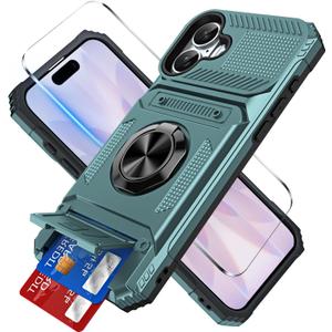 for iPhone 17 Wallet Case with Card Holder + 1 Screen Protector, (2 Cards) & 360Ring Kickstand Military Grade Drop Shockproof Rugged Case for iPhone 17 6.3" 2025 (Green)
