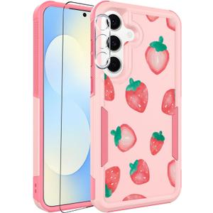 for Samsung Galaxy S25 FE 5G Case with Screen Protector + Camera Lens Protector: Cute Flower Floral Fruit Design for Girls Women Slim TPU Bumper Silicone Cell Phone Cover (Strawberry)