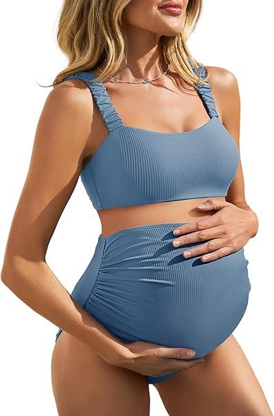 Summer Mae Ribbed Maternity Bikini Swimsuit for Women High Waisted Two-Piece Bathing Suit Crop Top Pregnancy Swimwear Tropical Blue 8