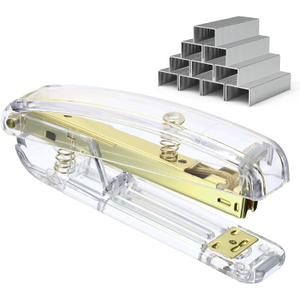 Clear Acrylic Stapler with 1000 Standard 1/4" Staples, Modern Gold Metal Office Desk Stapler, Stylish Transparent Heavy-Duty Design for Desktop Decor, Home, School, Business & Classroom Supplies