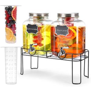 1.6 Gallon Glass Drink dispenser, 2 PCS Beverage Dispenser With Stand, Lemonade Dispenser with Stainless Steel Spigot,Drink Dispensers for Parties,Weddings, Picnic (Black)