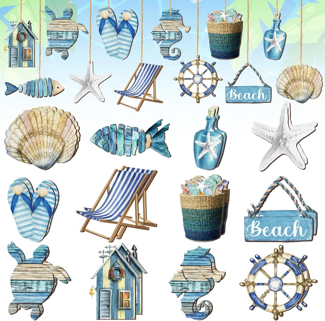 24 Pcs Summer Wooden Ornaments Ocean Beach Tree Decorations Coastal Nautical Navigation Wooden Cutouts Summer Hanging Ornaments Summer Decorations for Home Small Tree Party Office(Seashell)