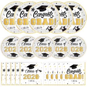 Litmitfu 150 Pcs Graduation Plates and Napkins 2026 - White Gold Congrats Grad Class of 2026 Paper Dessert Dinner Plates Napkins Set for Graduation Party Decorations Supplies Table Decor, Serves 50