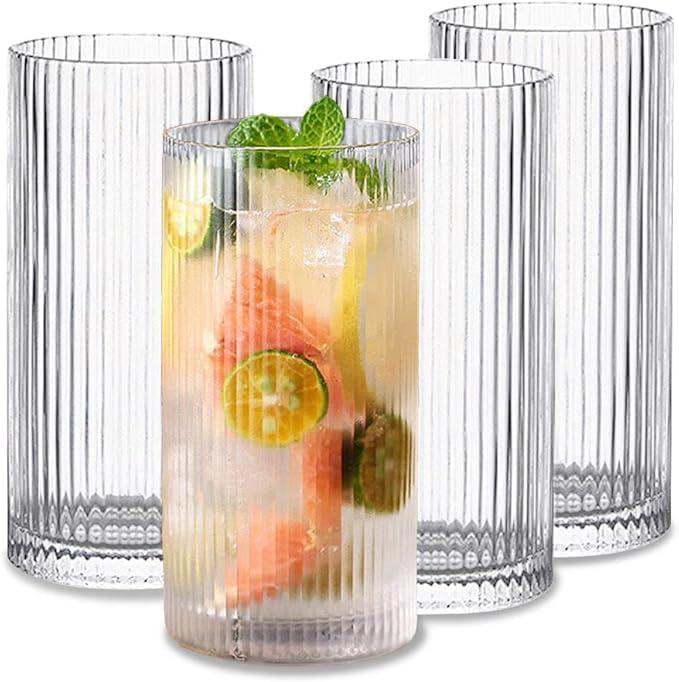 Glass Cups Vintage Glassware Set of 4 Large, Origami Style Transparent Cocktail Glasses Set, Bar Beverages Ice Coffee Cup Juice Ripple Drinkware, 12.5oz