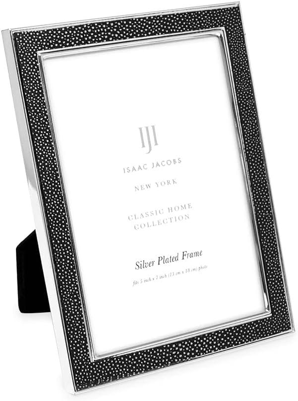 Isaac Jacobs 5x7 Black Leather with Silver Metal (Vertical & Horizontal) Picture Frame, Shagreen Border w/Black Fabric Easel, Wall-Mountable, Made For Tabletop, Photo Gallery (5x7, Black W/Silver)