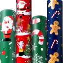 Panigkids Christmas Wrapping Paper, Large Xmas wrapping paper with Gingerbread Man, Santa's Sleigh & Reindeer Designs, 4 jumbo rolls - 17 in. x 16.4 ft. Per Roll, Merry Christmas for Kids Adults