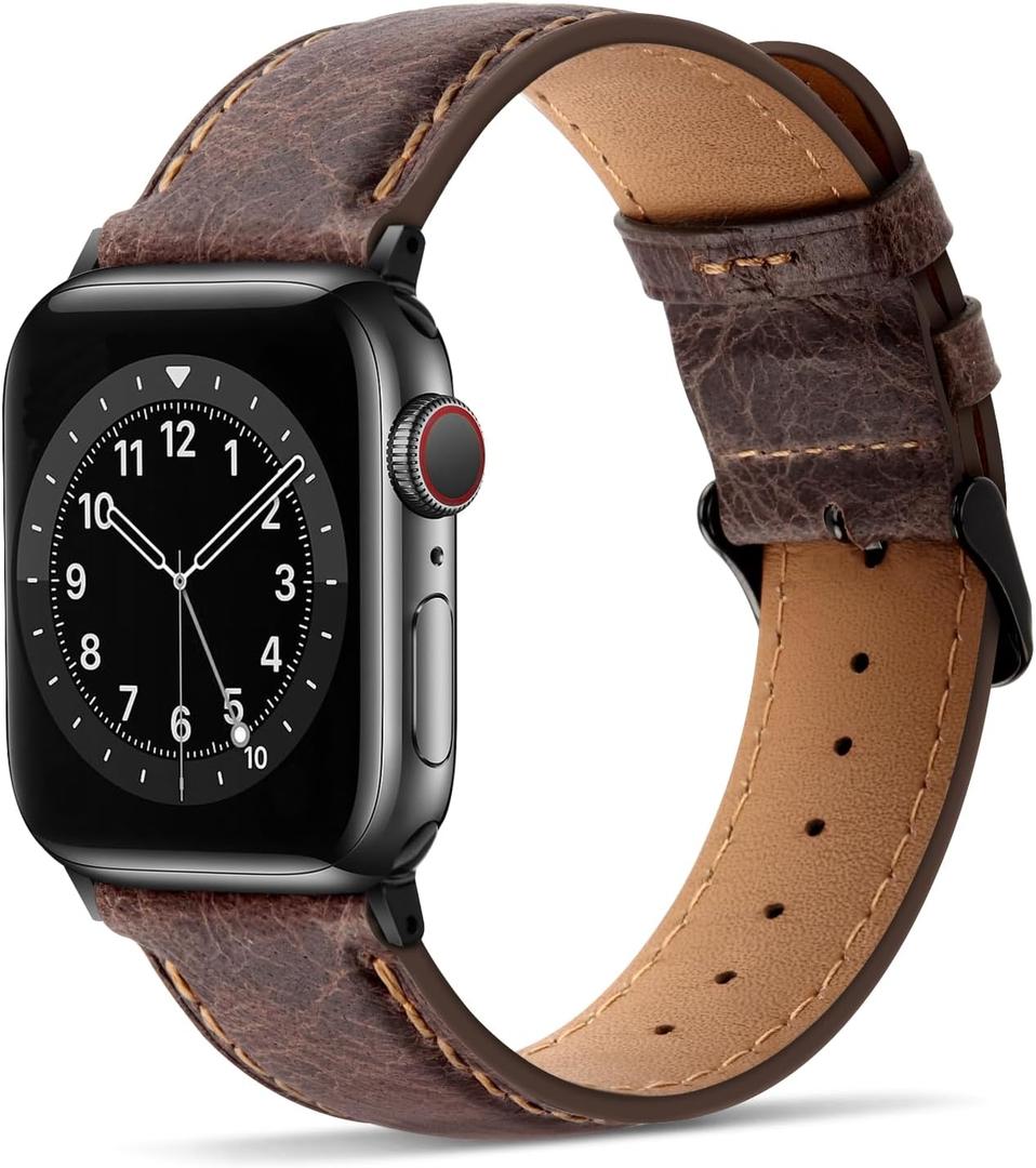 Tasikar Bands Compatible with Apple Watch Band 49mm 46mm 45mm 44mm 42mm Men Genuine Leather Replacement Bands Compatible with Apple Watch Ultra 2 SE Series 10 9 8 7 6 5 4 3 2 1, Dark Brown