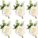 Ivory Rose Boutonniere for Men Wedding Set of 6 Groom Groomsmen Best Man Artificial Flowers Boutonniere for Wedding Ceremony Anniversary Prom Flowers Formal Dinner Party (6, White, Middle)
