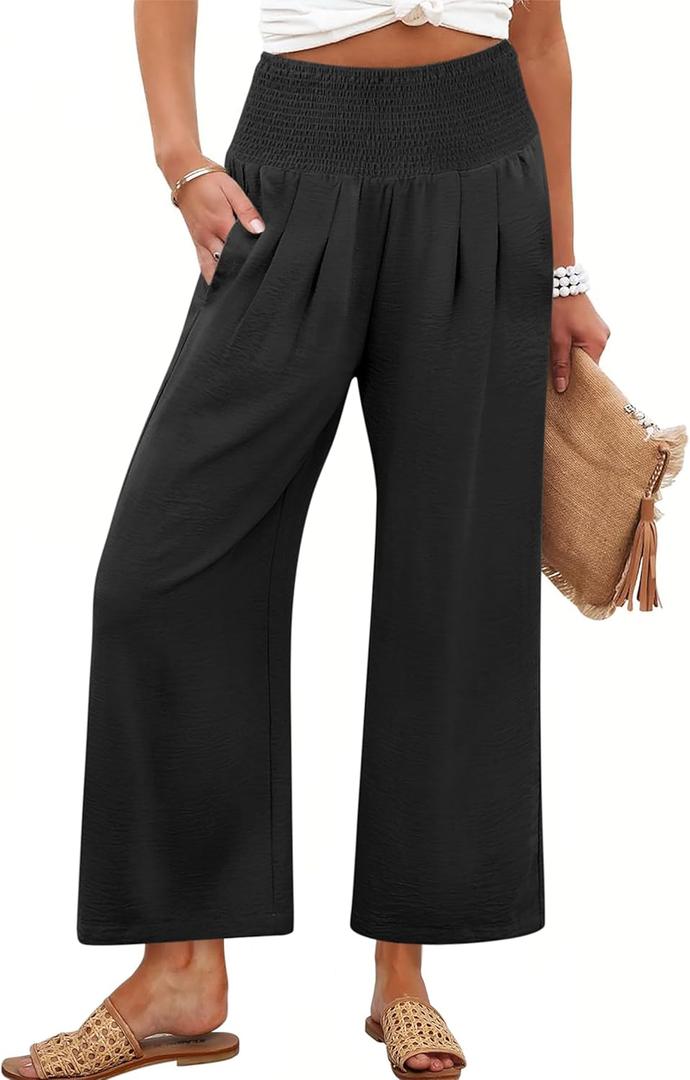 ANRABESS Womens Pants Wide Leg High Waisted Palazzo Pants Summer Flowy Beach Lounge Casual Trousers with Pockets (Black)