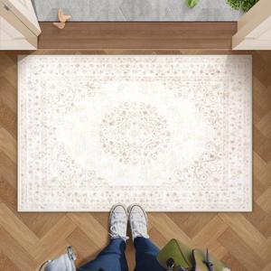 Area Rug 2x3 Vintage Rug: Small Washable Indoor Medallion Entryway Rug Low Pile Distressed Floor Carpet Retro Accent Doormat for Bedroom Bathroom Hallway Kitchen Home Office(Distressed Beige, 2'x3')