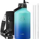 BUZIO Vacuum Insulated Stainless Steel Water Bottle 64oz (Cold for 48 Hrs/Hot for 24 Hrs) BPA Free Double Wall Travel Mug/Flask for Outdoor Sports Hiking, Cycling, Cam,Camping, Running, Pacific Dream (Caribbean Blue)