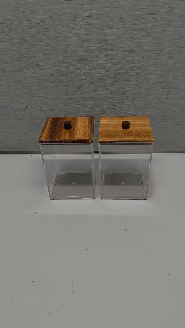 Tbestmax Bathroom Organizer Accessories Set-12  oz Qtips Holder Storage, Clear Cotton Ball/Swabs Dispenser, Plastic Square Apothecary Jars with Brown Wood Lids, PCS 2