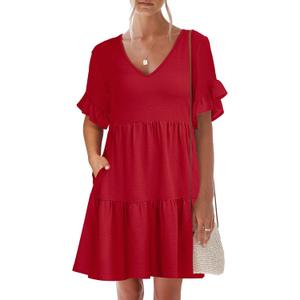Caracilia Dresses for Women Summer Casual 2026 Ruffle Short Sleeve A Line Tiered Flowy Cute V Neck Mini Beach Dress Pockets, Red, X-Large