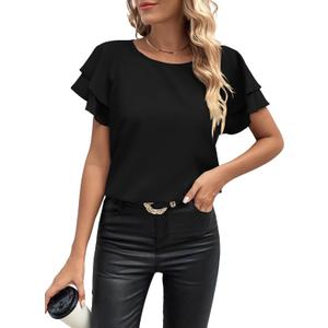 Summer Casual Boho Blouse for Women Fashion Floral Shirt Ruffle Short Sleeve Crewneck Chiffon Tops (Black, XXL)