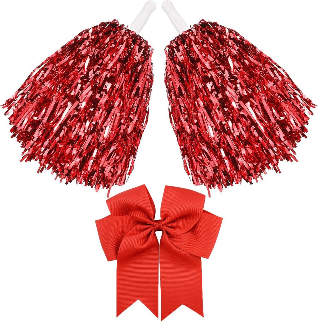 3 Pack 10 in Cheerleading Pom Poms and Large Cheerleader Hair Bow for Girl, Cheer Pompoms Foil Pompoms Hand Flowers for Adults, Kids, Party Dance Sports (Red)