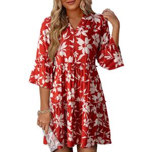 Dokotoo Summer Dresses for Women 2026 Casual V Neck Babydoll Dress 3/4 Bell Sleeve Beach Vacation Mini Dress X-Large, Red