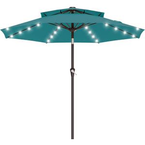 AreShark 9ft 2 Tiers Patio Umbrella with Solar Lights, Outdoor Umbrella w/ 32 LED Lights&8 Sturdy Ribs, Table Umbrella for Deck, Backyard, Pool(Lake Blue)