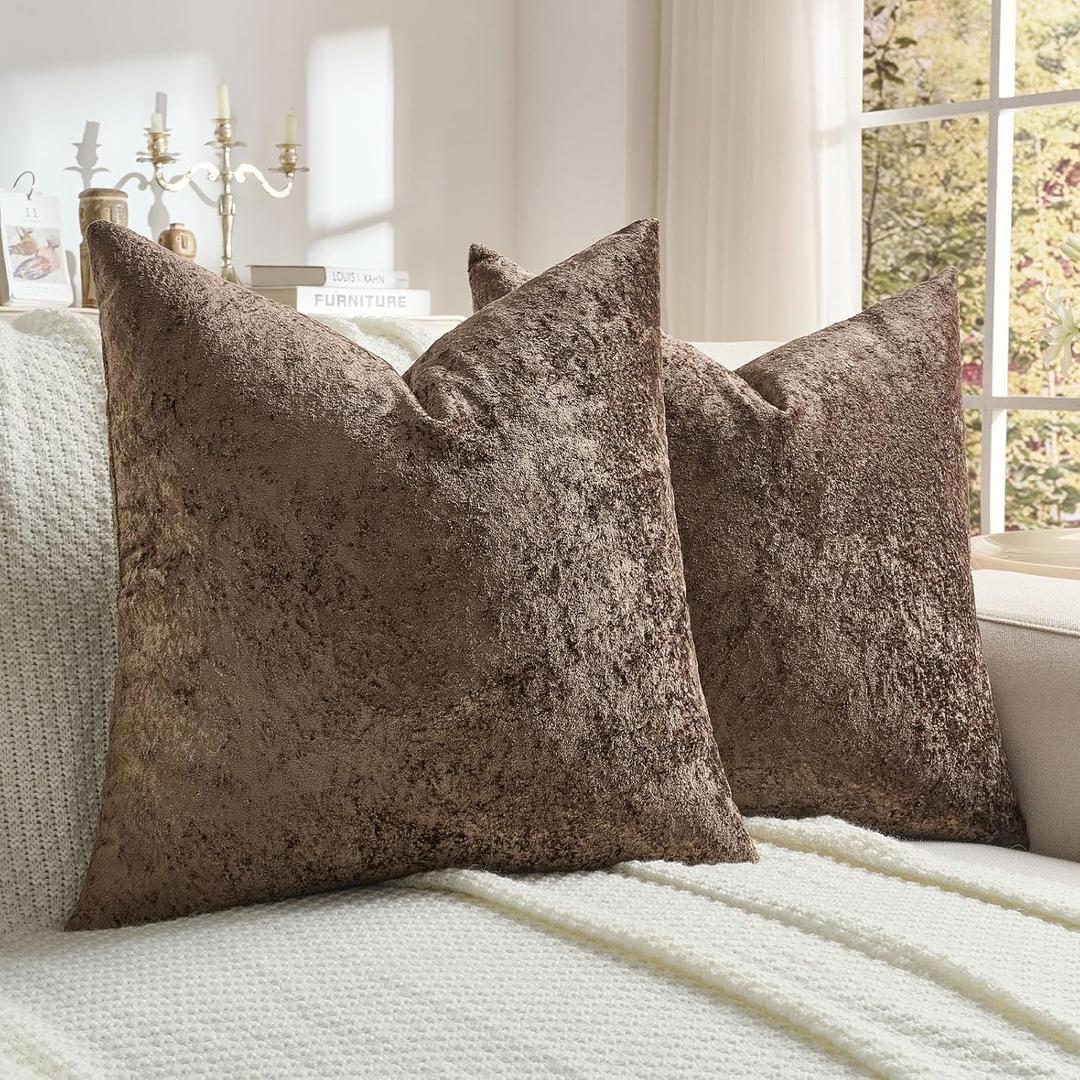 FUTEI Pack of 2 Solid Flannel Throw Pillow Covers 18x18 Inch Soft Crushed Textured Neutral Decorative Cushion Cases Vintage Farmhouse Accent for Couch Living Room, Dark Coffee