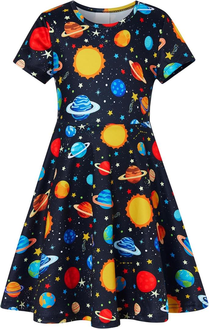 RAISEVERN Little Girls Dress Short Sleeve Casual Kids Summer Sundress for 2-9 Years (4-5T, Universe 1)