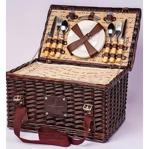 Elegantly Designed, and Carefully Hand Crafted Wicker Picnic Baskets. This Set for 4 Features: Dark Coffee Color Basket with Elegant Cream & Text Design with Cooler snap to Keep Open During use.