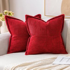MIULEE Decorative Throw Pillow Covers for Couch Bed Livingroom 18x18 Inch Set of 2 Red Boho Accent Throw Pllows Broadside Striped Patchwork Soft Corduroy Pillowcases