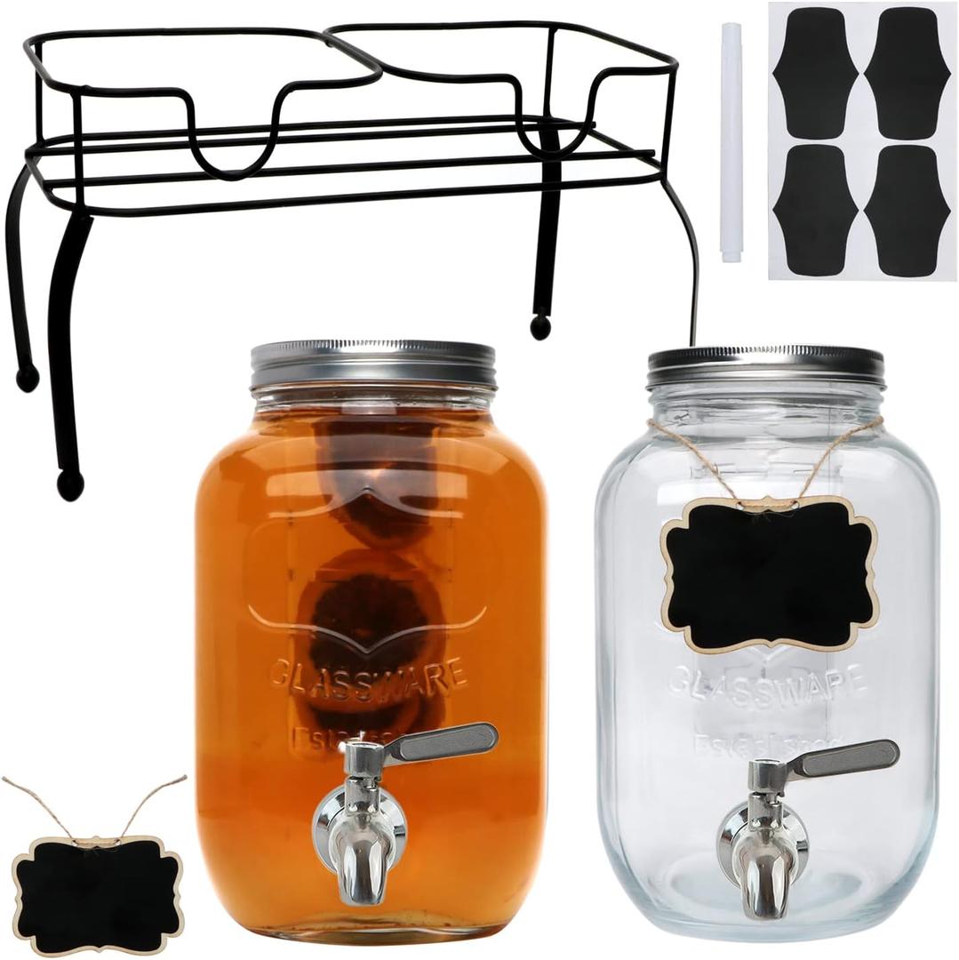 Accguan 1-Gallon Drink Dispenser,Glass Water Dispenser with Tin Lid and Stainless steel faucet,Black Iron Frame,Mason Drink Dispenser for Parties, Picnics, Barbecues and Daily,2 pack (Silver)
