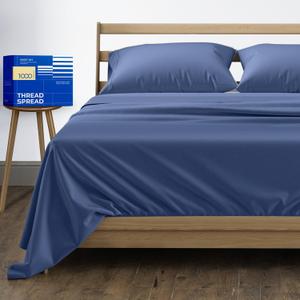 THREAD SPREAD 100% Pure Egyptian Cotton Sheets Full Size - 1000 Thread Count 4 PC Deep Pocket Full Size Bed Sheets Set, Soft Sateen Weave Luxury Hotel Cooling Sheet, Fits Mattress Upto 18" - Deep Blue